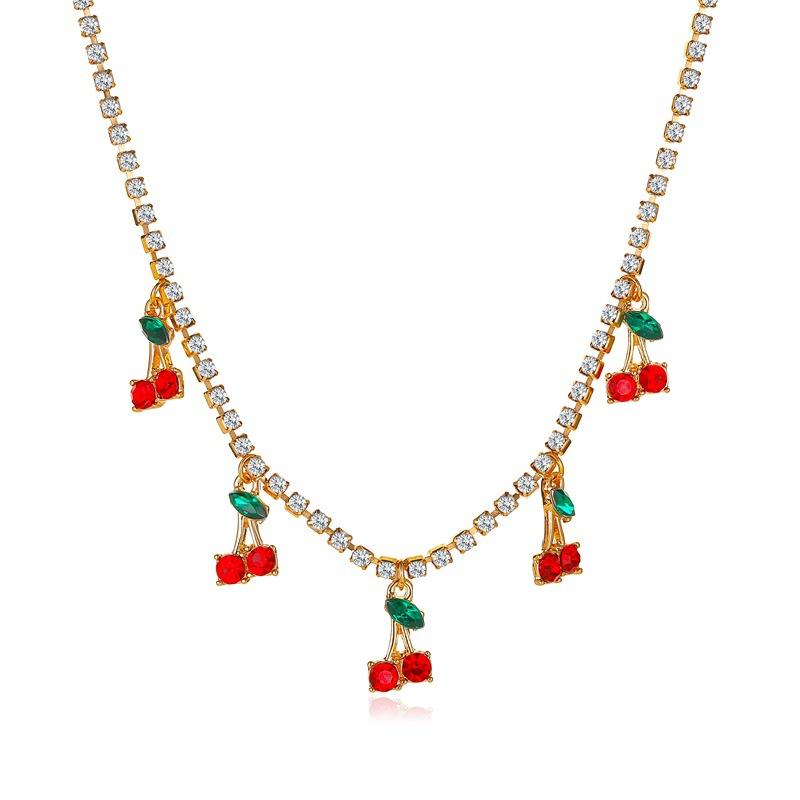 Rhinestone Cherry Necklace Hip Hop Tennis Chain Cherry Pendant Necklace Small Fresh Single Row Micro-studded Diamond Necklace