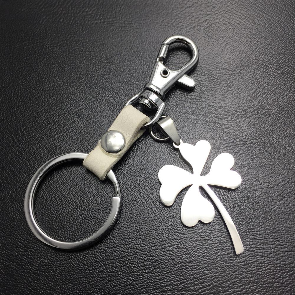 Four Leaf Lucky Flower Titanium Steel Pendant Leather Keychain Pendant Accessories