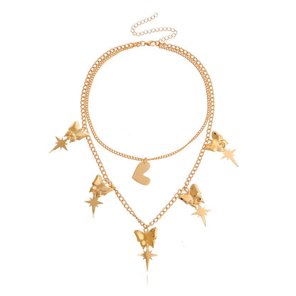 Jewelry Fashion Double Exaggerated Butterfly Heart Necklace Female Ins Cold Valentine's Day Necklace