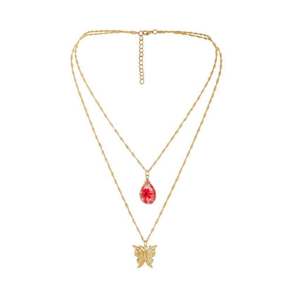 Fashion Water Drop Resin Transparent Crystal Dried Flower Pendant Super Fairy Hollow Butterfly Double Layer Clavicle Necklace For Women
