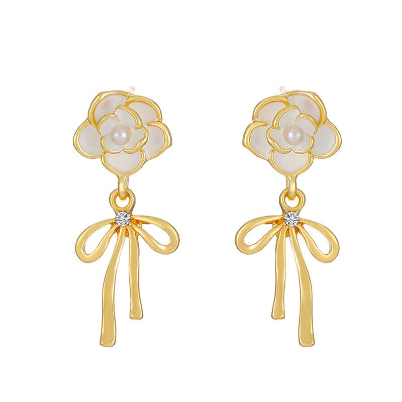 ins camellia bow earrings fashion light luxury niche design pearl tassel earrings temperament earrings