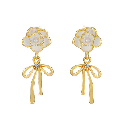 ins camellia bow earrings fashion light luxury niche design pearl tassel earrings temperament earrings