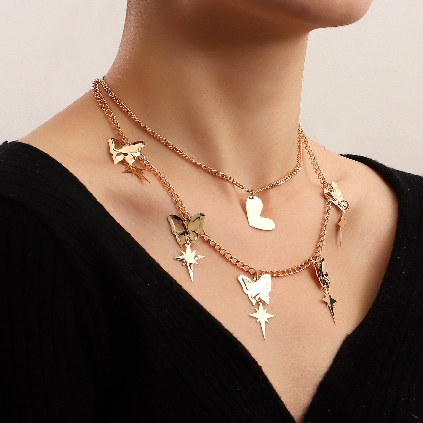 Jewelry Fashion Double Exaggerated Butterfly Heart Necklace Female Ins Cold Valentine's Day Necklace