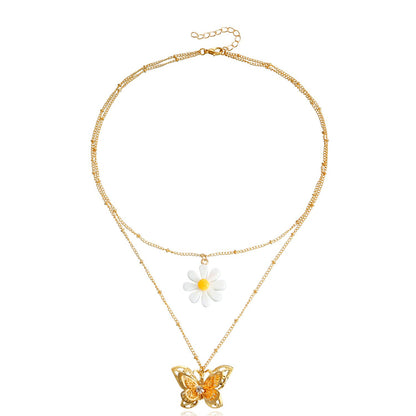 Jewelry Double Clavicle Chain Exaggerated Flower Butterfly Pendant Necklace Fashion Temperament Personality Necklace