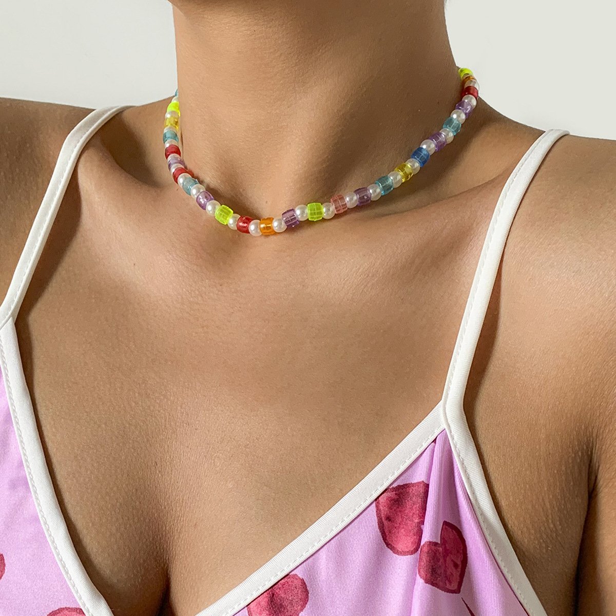 Jewelry Sweet Cool Colorful Transparent Bead Necklace Feminine Simple Imitation Pearl Beaded Necklace