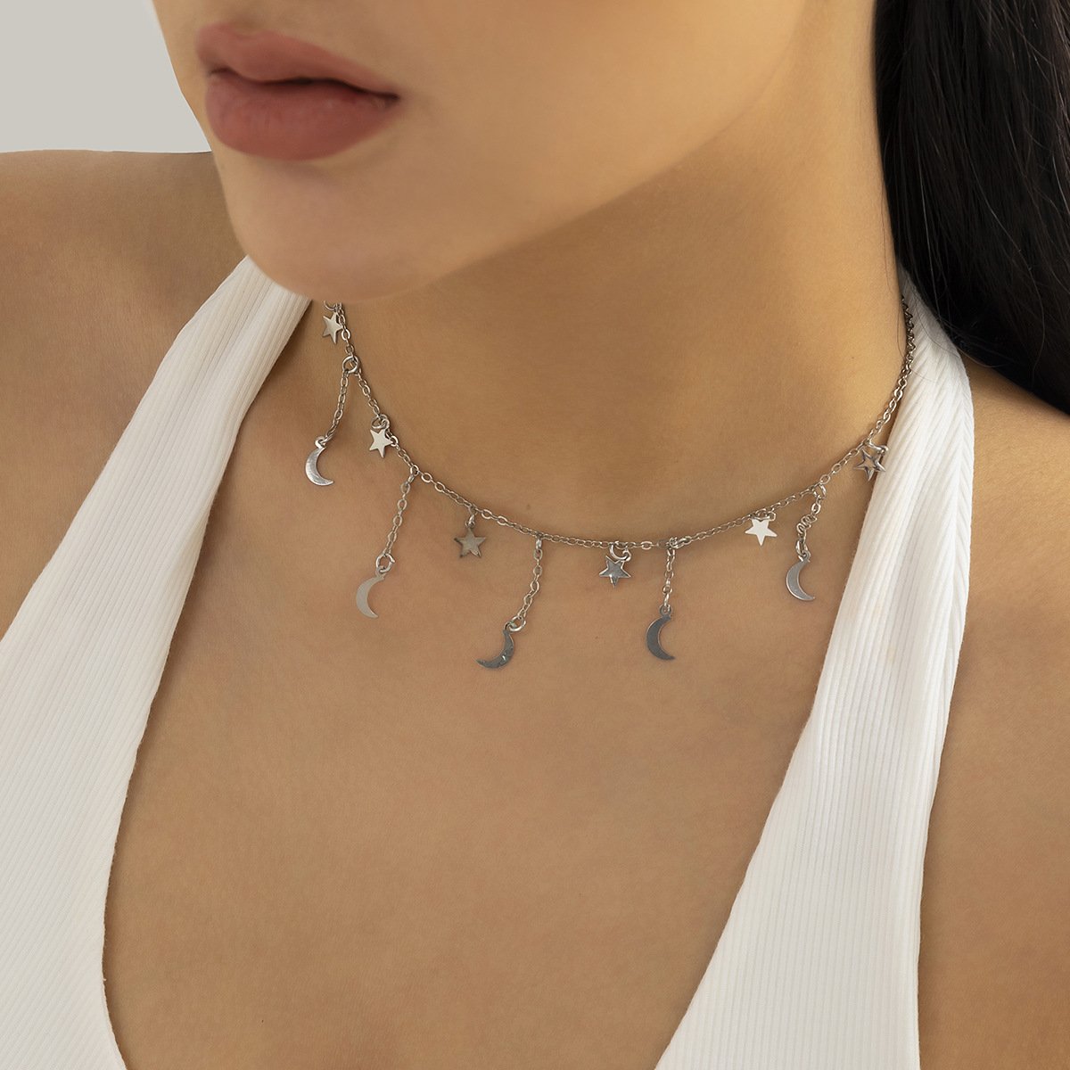 Jewelry Sweet Cool Simple Metal Chain Necklace Female Minority Star Moon Tassel Personality Clavicle Necklace