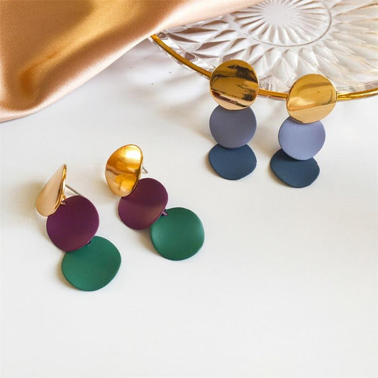 Retro fashion personalized metal disc matte splicing contrast color earrings earrings earrings slim face earrings earrings