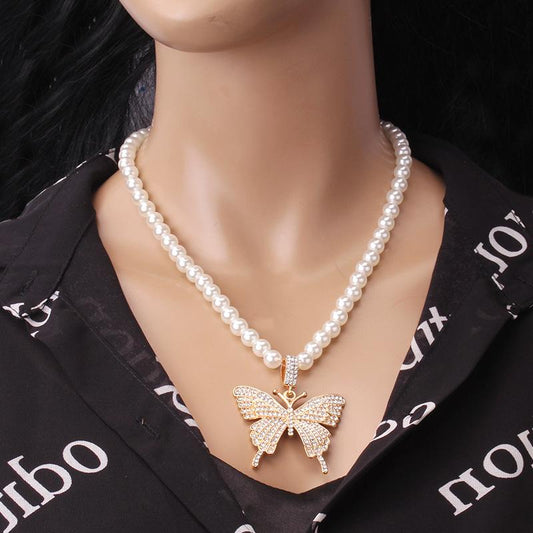 Jewelry simple single-layer tassel all-match necklace female personality generous diamond butterfly pearl necklace