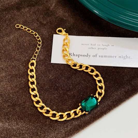 ins simple green square zircon bracelet fashion exaggerated personality emerald Cuban chain thick chain bracelet