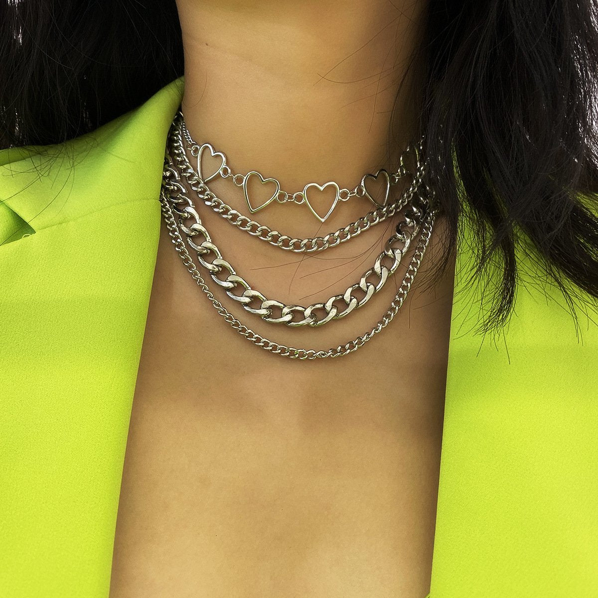 Jewelry Hip Hop Punk Chain Multilayer Necklace Female Simple Versatile Peach Heart Set Necklace