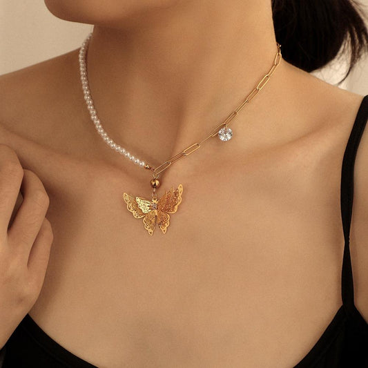 Asymmetric Personality Short Stitching Pearl Necklace Light Luxury Temperament Clavicle Chain Hollow Butterfly Pendant Jewelry