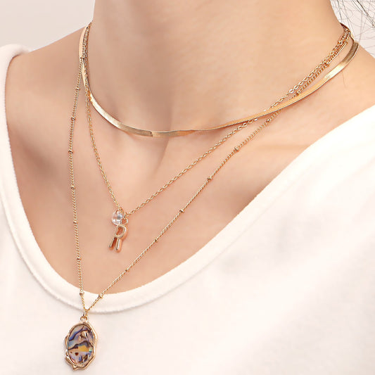 Jewelry Simple Letter R Necklace Multilayer Necklace Female Imitation Baroque Pearl Shell Versatile Necklace