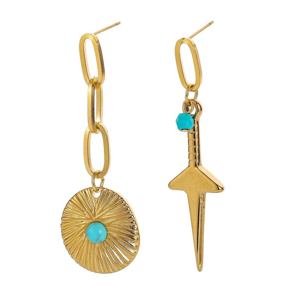 Personalized retro stainless steel gold asymmetric round coin turquoise sword earrings titanium steel trendy fresh earrings for women