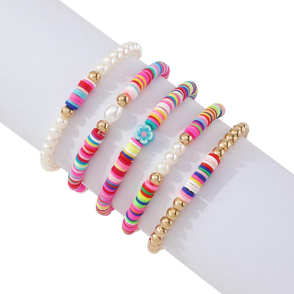 B1398 Bohemia Ethnic Soft Pottery Bracelet Retro Simple Fashion Pearl Jewelry 5-Piece Set for Women