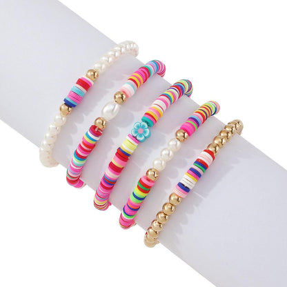B1398 Bohemia Ethnic Soft Pottery Bracelet Retro Simple Fashion Pearl Jewelry 5-Piece Set for Women