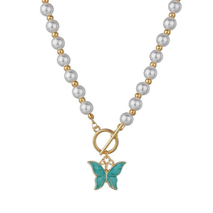 Simple Super Fairy Pearl Necklace Fashion Drop Oil Alloy Butterfly Necklace Ladies Jewelry