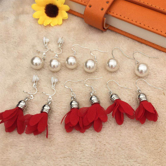 Pearl fabric flower 925 silver-plated hook hypoallergenic short female earrings summer earrings ear clips