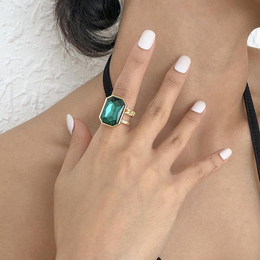 R475 square gemstone ring imitation diamond temperament opening adjustable ring personality retro trendy accessories