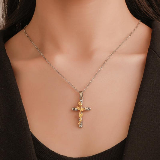 Vine Cross Necklace Retro Fashion Leaf Cross Necklace Men and Women Simple Necklace