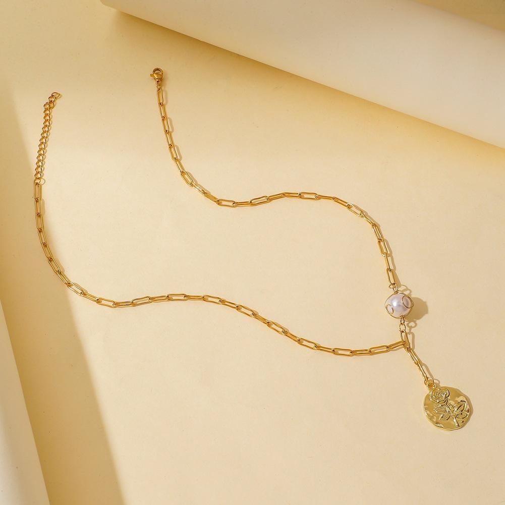 Popular French Retro Pearl Pendant Fashion Stainless Steel Cross Chain Rose Round Card Versatile Necklace for Women