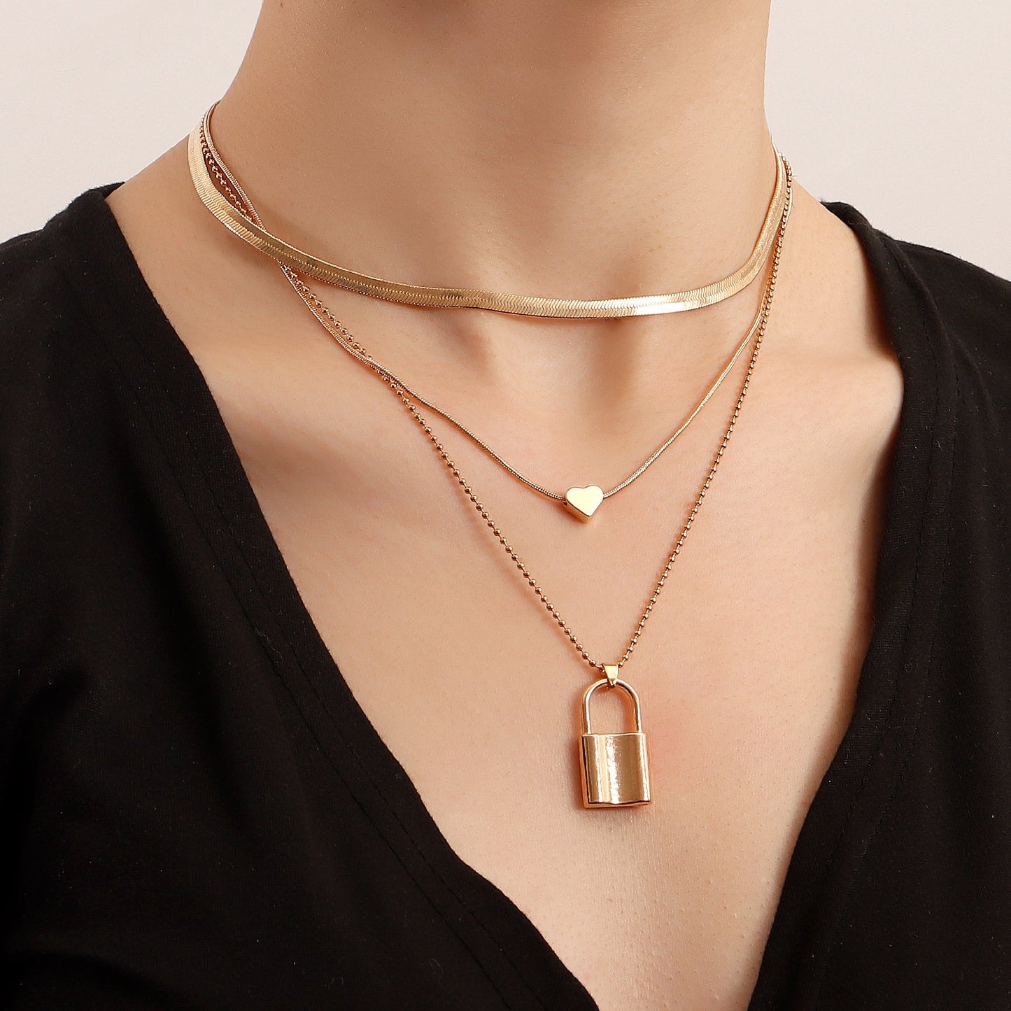 Jewelry Punk Multilayer Flat Snake Chain Padlock Love Pendant Necklace Women's Sweater Chain Advanced Sense Necklace