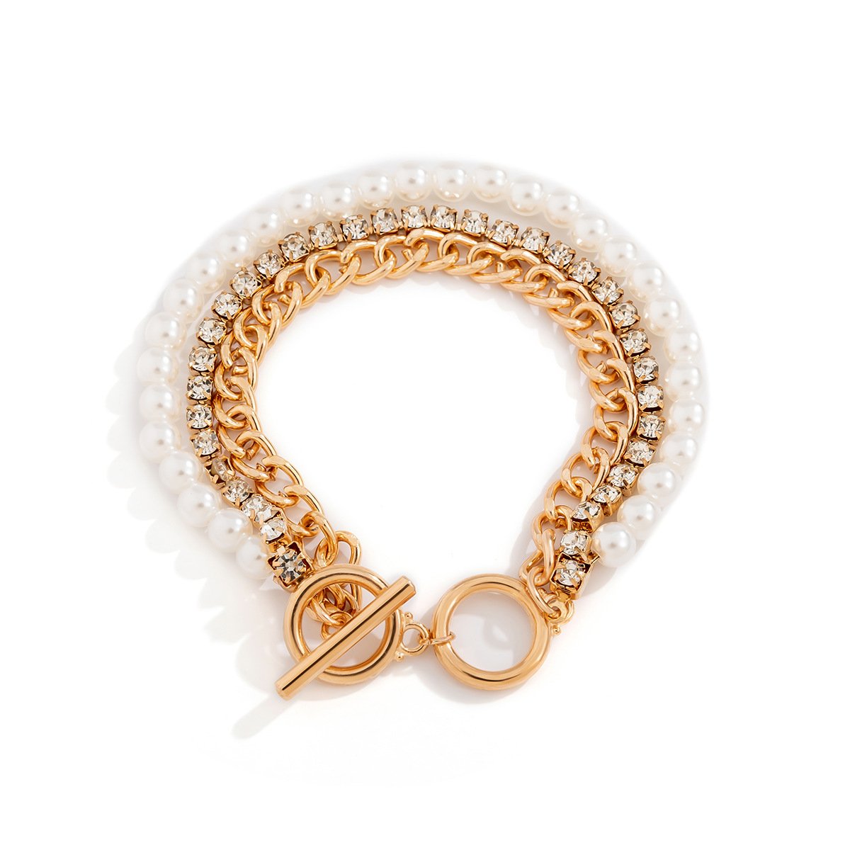 Jewelry temperament cold pearl chain multi-layer bracelet hip-hop geometric ring diamond jewelry