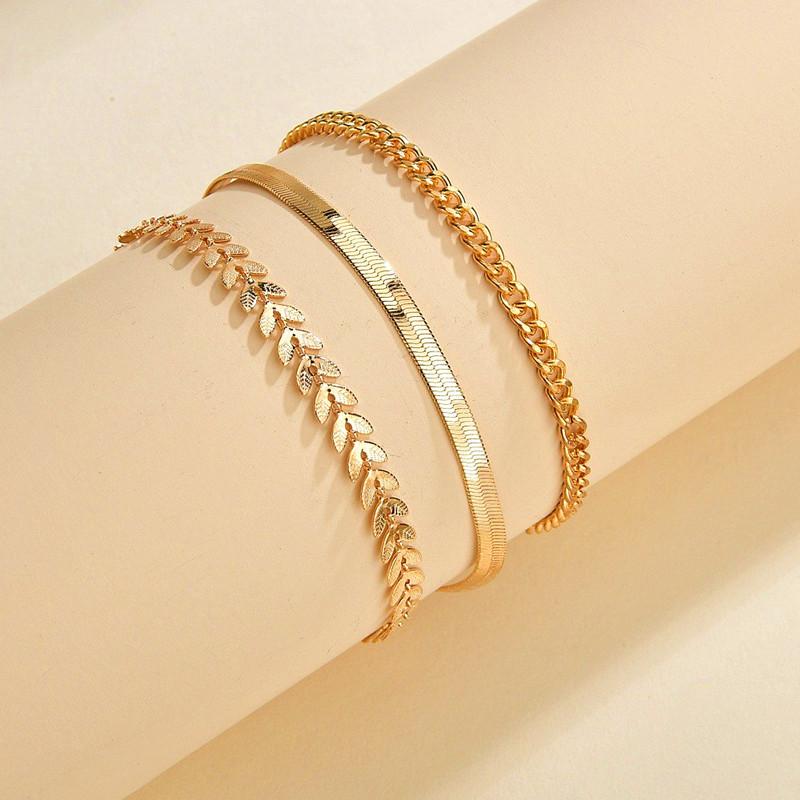 Titanium steel non-fading anklet set women's fashion anklet three-piece set flat snake wheat ear chain combination anklet