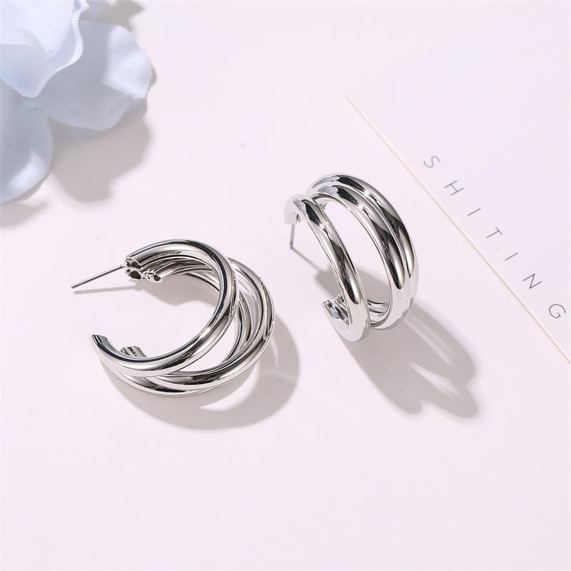 Temperament cold c-shaped earrings metal three-layer semicircular cross earrings trendy geometric exaggerated earrings