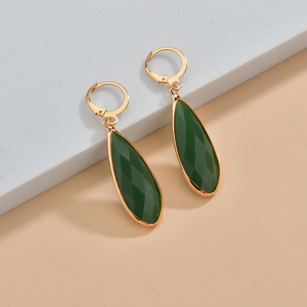 Retro Round Buckle Earrings Fashion Green Water Drop Resin Bezel Earrings Accessories