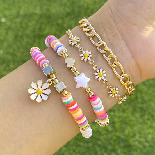 Jewelry Ethnic Color Soft Pottery Chain Hand Decoration Minority Metal Daisy Bracelet Set Female