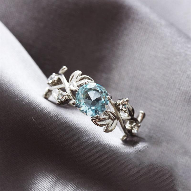 Fashion OL Popular Leaf Leaves Diamond Zircon Ring 925 Silver Sapphire Copper Jewelry