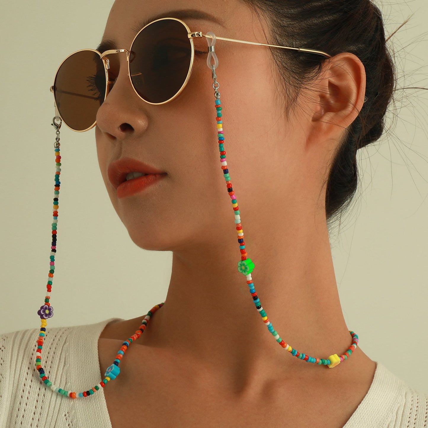 Jewelry colorful flower pattern soft pottery bead glasses chain ladies personality fashion mask non-slip lanyard