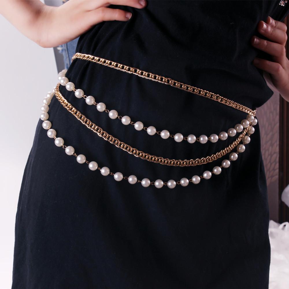 Jewelry hip-hop metal texture imitation pearl multi-circle waist chain temperament small incense chain body