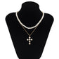 Jewelry Personality Metal Thin Chain Necklace Simple Double Layer Imitation Pearl Cross Necklace Female