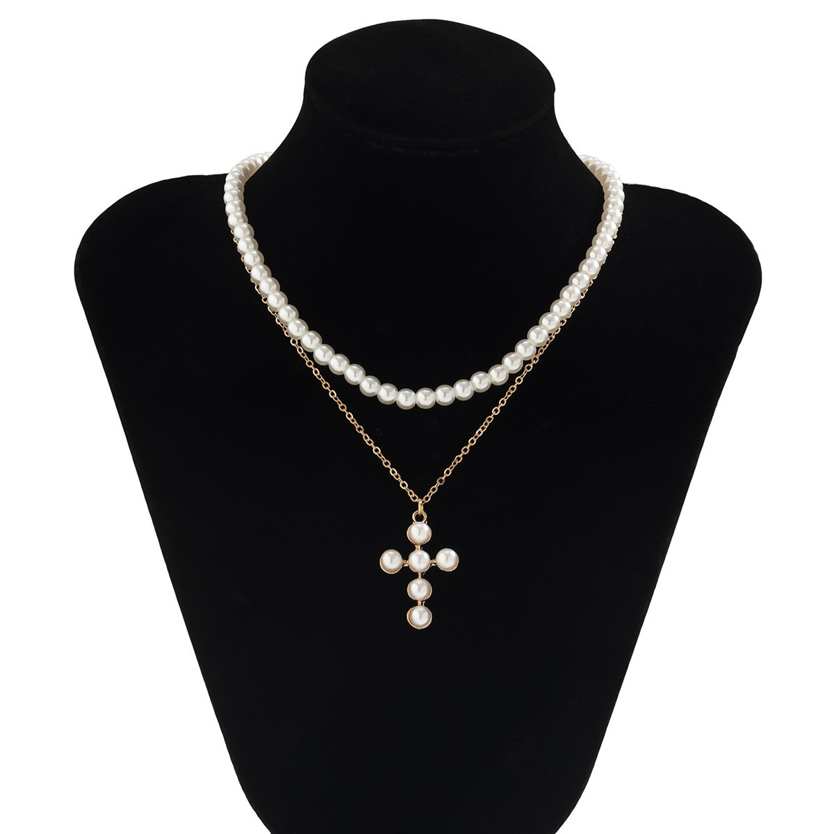 Jewelry Personality Metal Thin Chain Necklace Simple Double Layer Imitation Pearl Cross Necklace Female