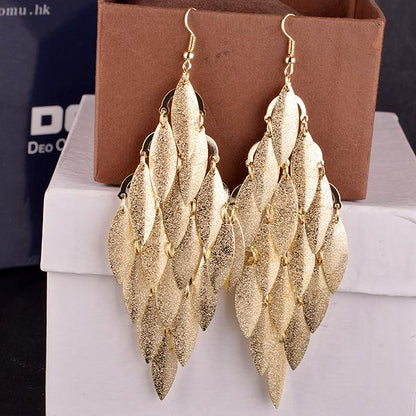 Feminine personality versatile multi-layer frosted leaf earrings