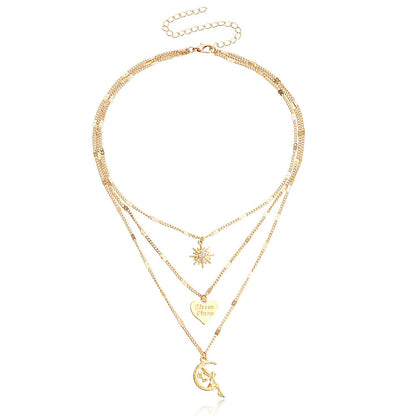 Jewelry fashion multi-layer gold retro love necklace niche design octagon clavicle chain