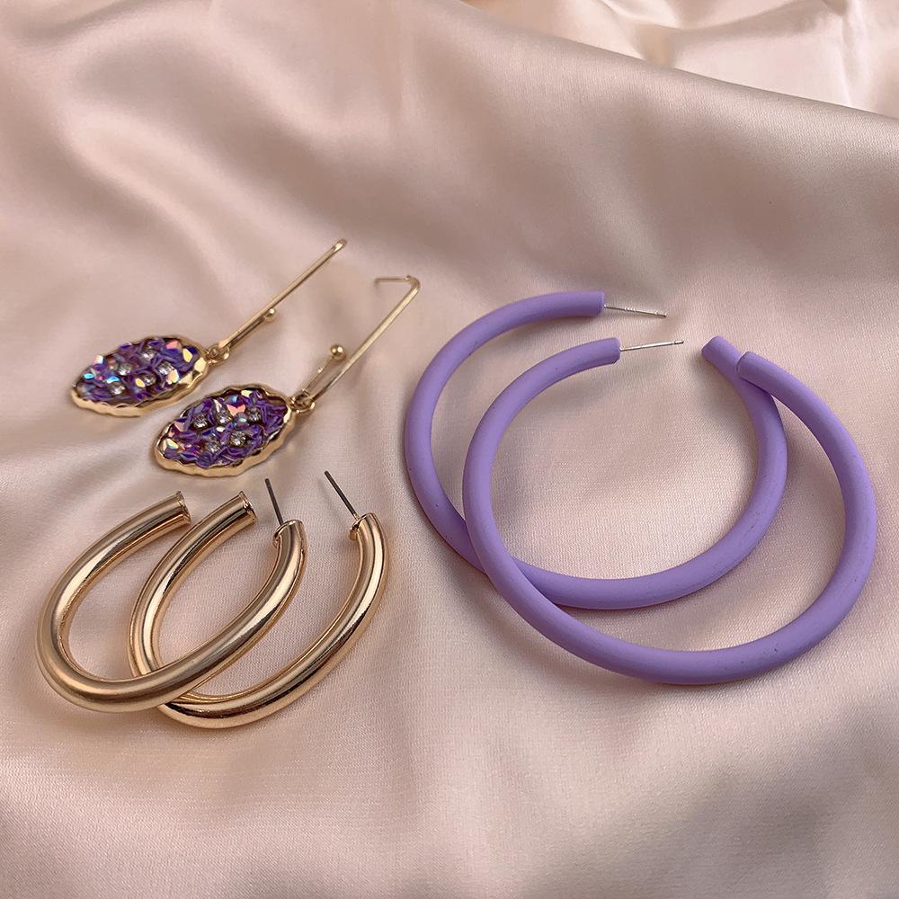 Winter Hepburn Temperament Alloy Earring Set Women's Versatile Gravel Big Earring Purple Cute Earrings