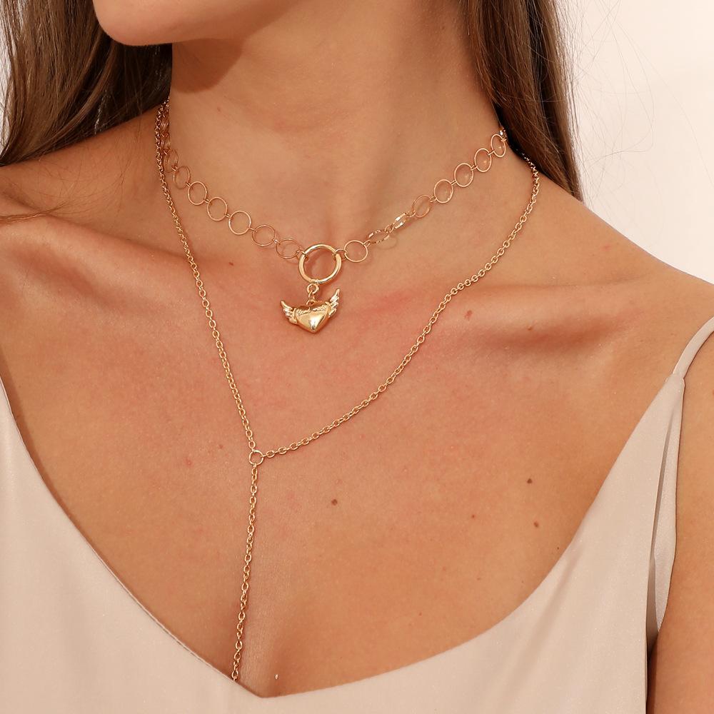 Jewelry Personality Mesh Chain Love Angel Wings Clavicle Necklace Fashion Multilayer Tassel Necklace