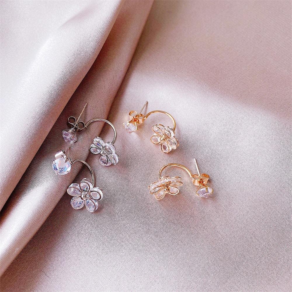 Ins cold five-petal flower back hanging earrings sweet crystal flower earrings net red earrings