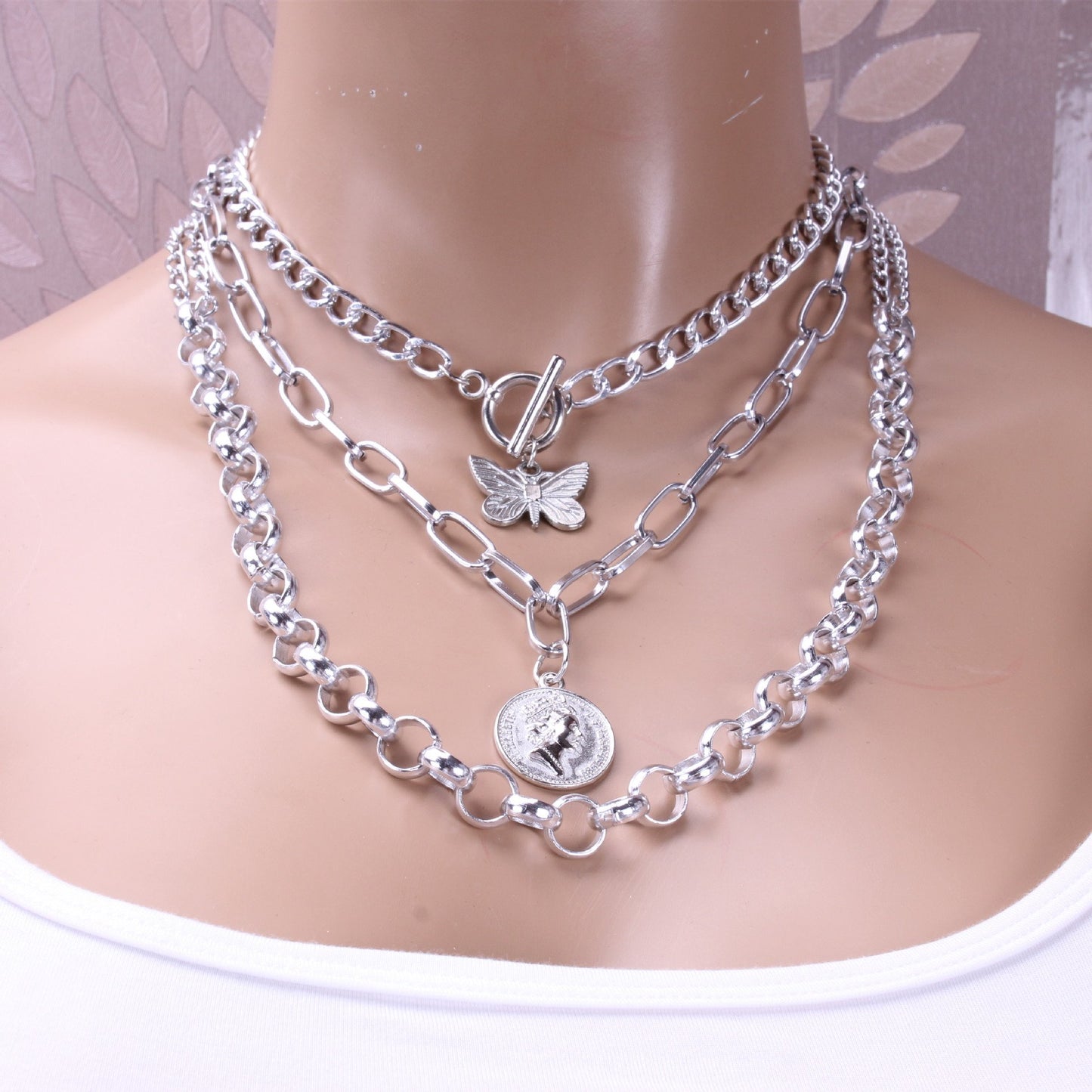 Punk street portrait coin pendant metal exaggerated thick chain butterfly multi-layer necklace