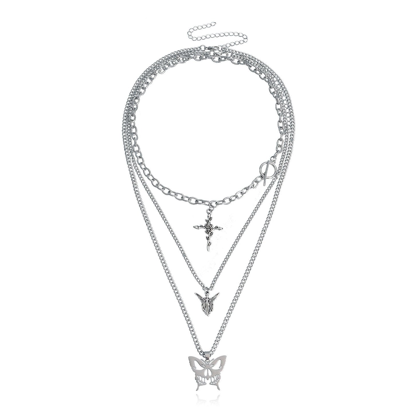 Jewelry Trend Multilayer Hollow Butterfly Rose Cross Sweater Necklace Female Necklace