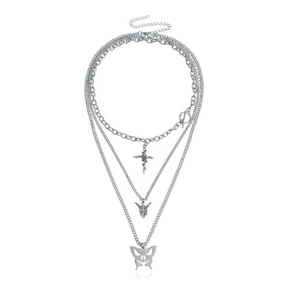 Jewelry Trend Multilayer Hollow Butterfly Rose Cross Sweater Necklace Female Necklace