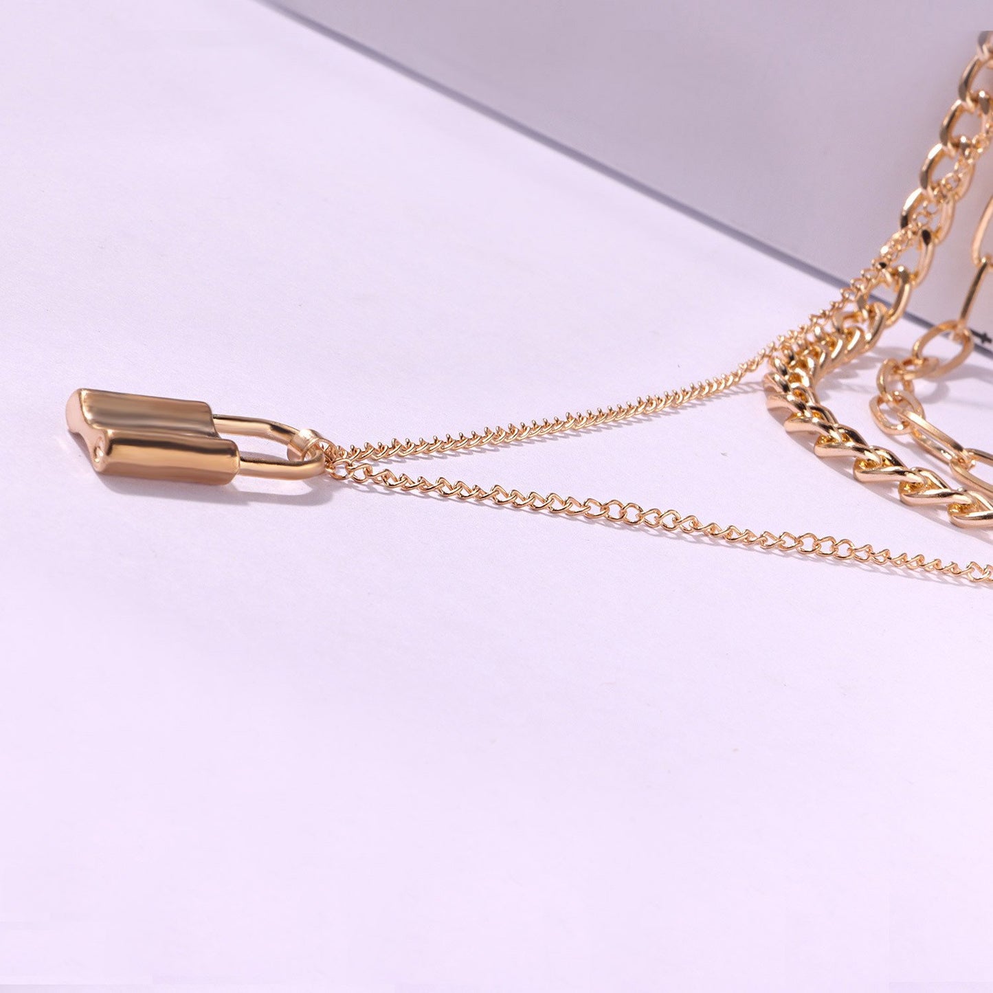 Jewelry Aluminum Chain Geometric Lock Pendant Necklace Female Fashion Punk Exaggerated Multilayer Necklace