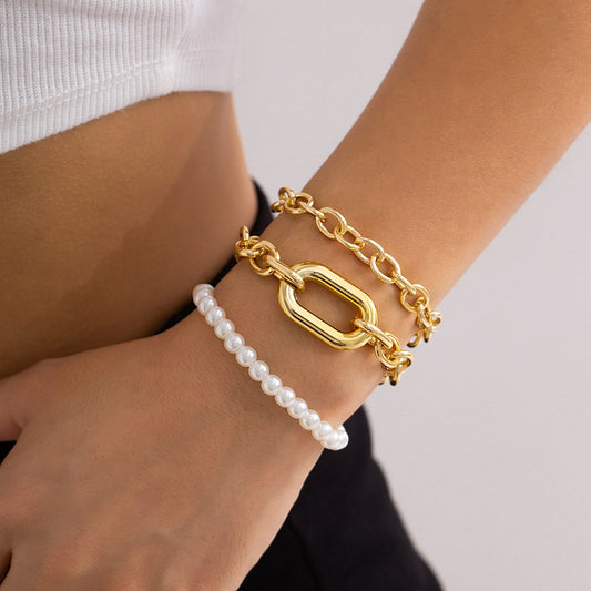 Punk Metal Buckle Chain Bracelet Set Fashion Simple Imitation Pearl Beaded Jewelry For Women