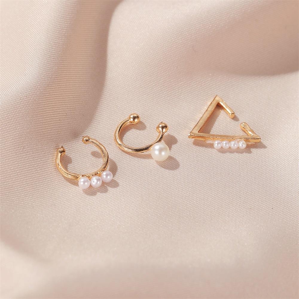 Temperament three-piece ear clip hollow geometric pearl earrings earrings ear bone clip cold earrings