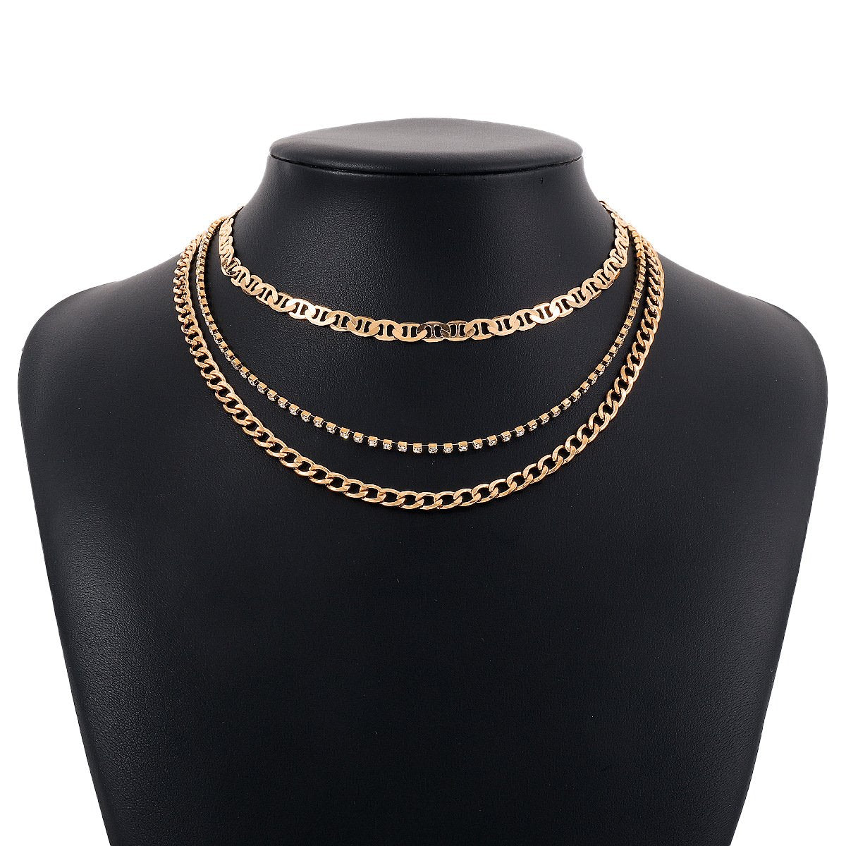 1675 Retro Stacked Hip-Hop Multilayer Necklace Exaggerated Metal Sweet Cool Street Shot Geometric Rhinestone Necklace