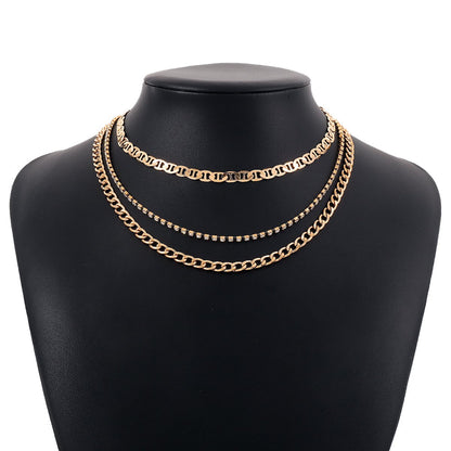 1675 Retro Stacked Hip-Hop Multilayer Necklace Exaggerated Metal Sweet Cool Street Shot Geometric Rhinestone Necklace