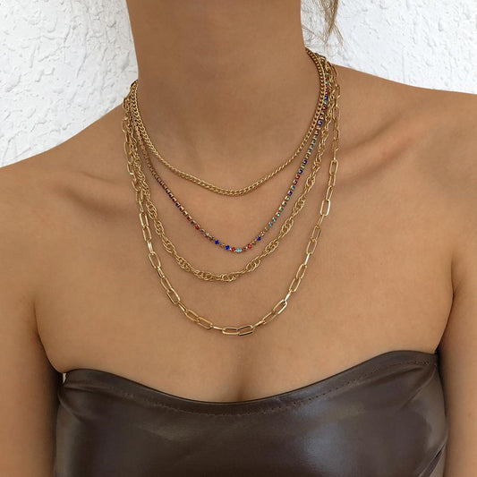 N9435 Personalized Exaggerated Chain Necklace Hip-Hop Punk Diamond Necklace Hollow Retro Multilayer Necklace