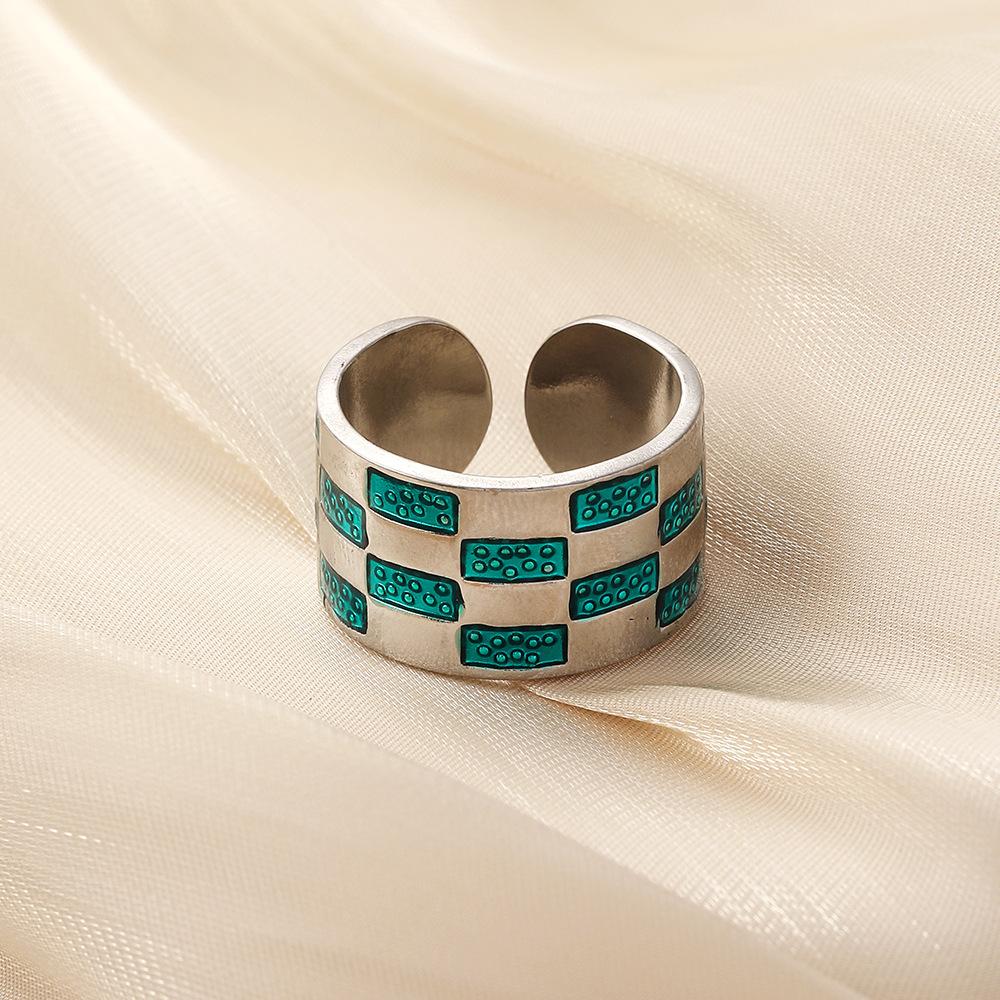 Fashion Simple Checkerboard Drip Oil Design Minority Stainless Steel Ring Original Versatile Women